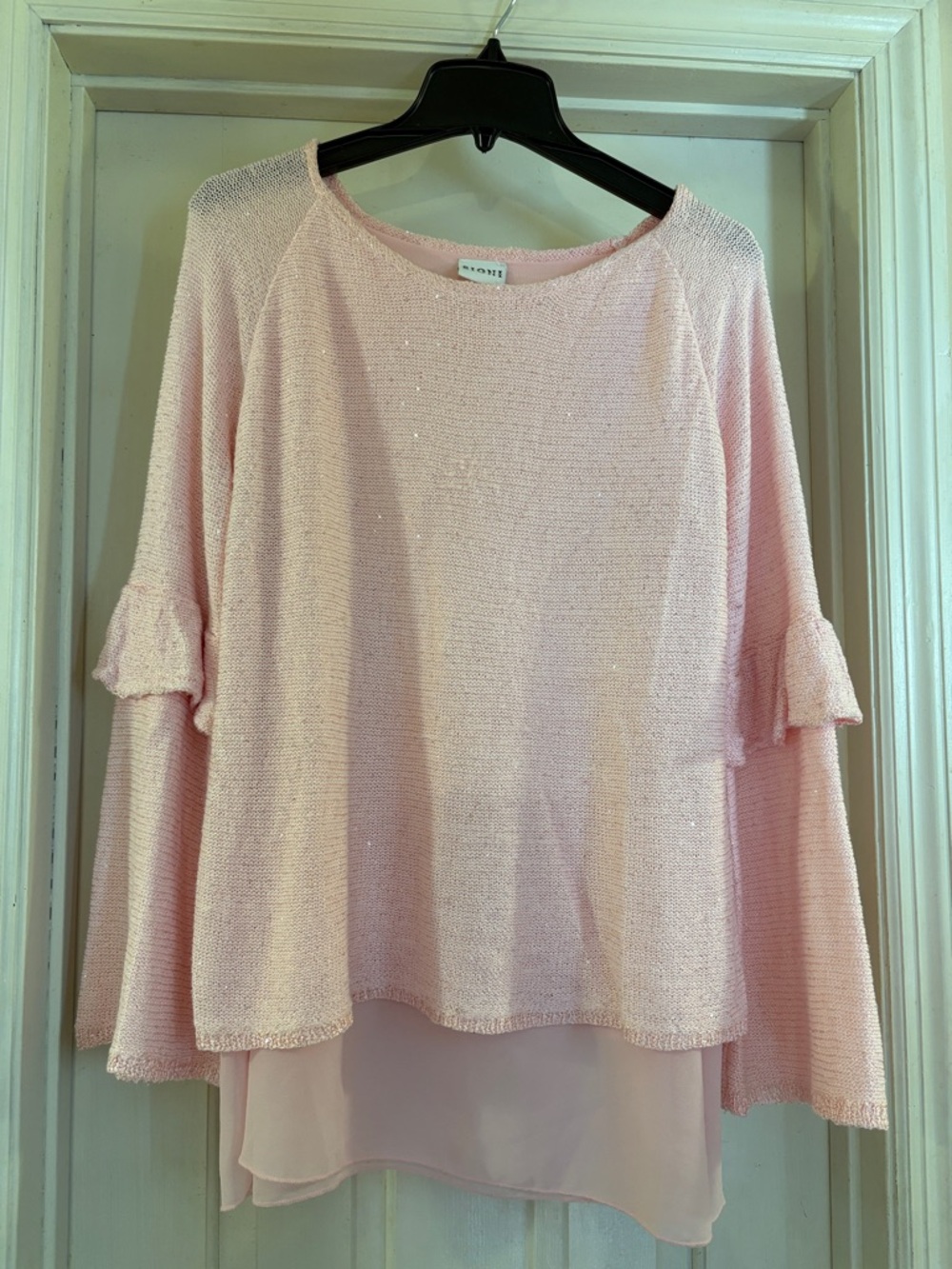 Sioni Light Pink Sparkle Layered Ruffle Sleeve Sweater
